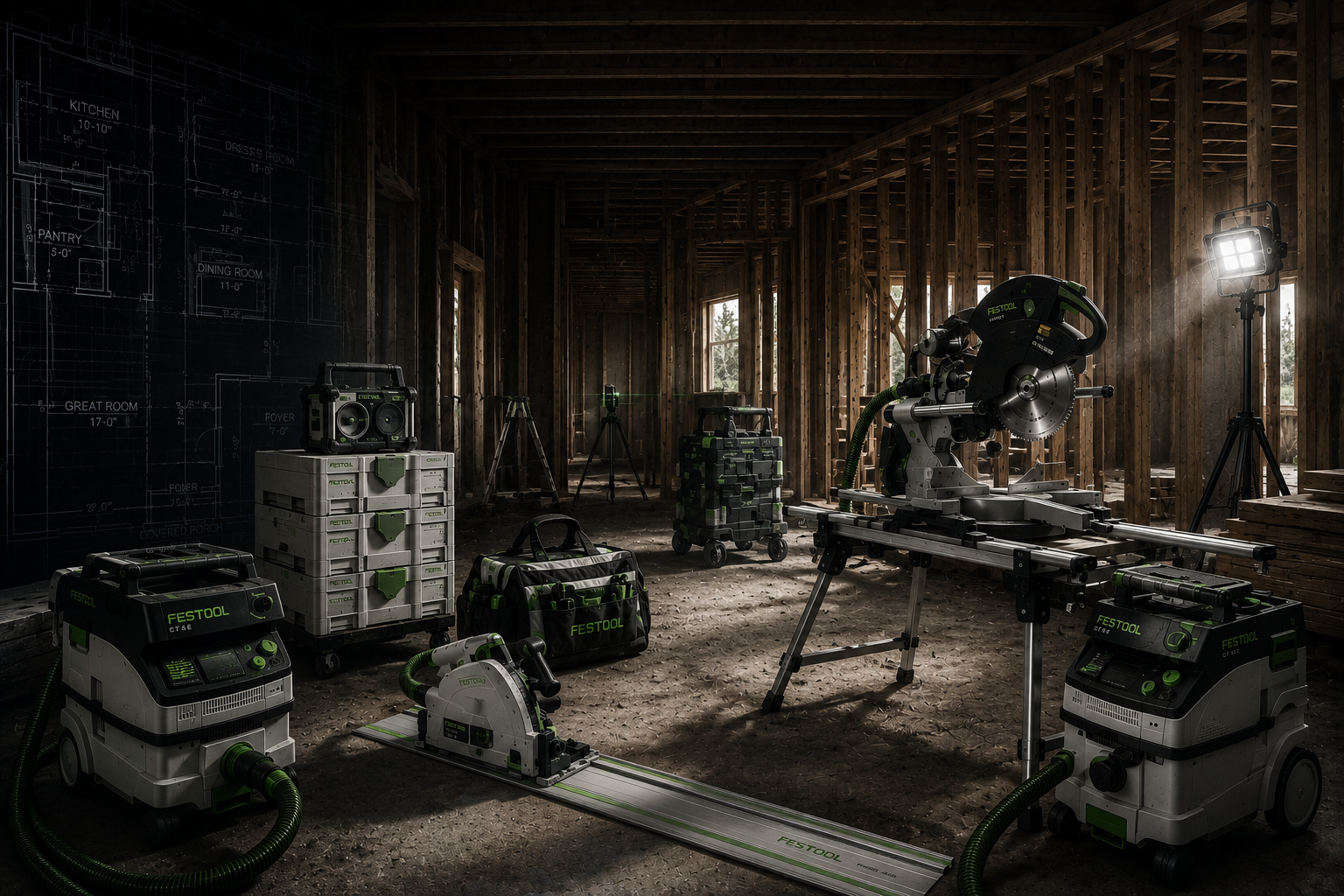 Industrial construction site with professional tools